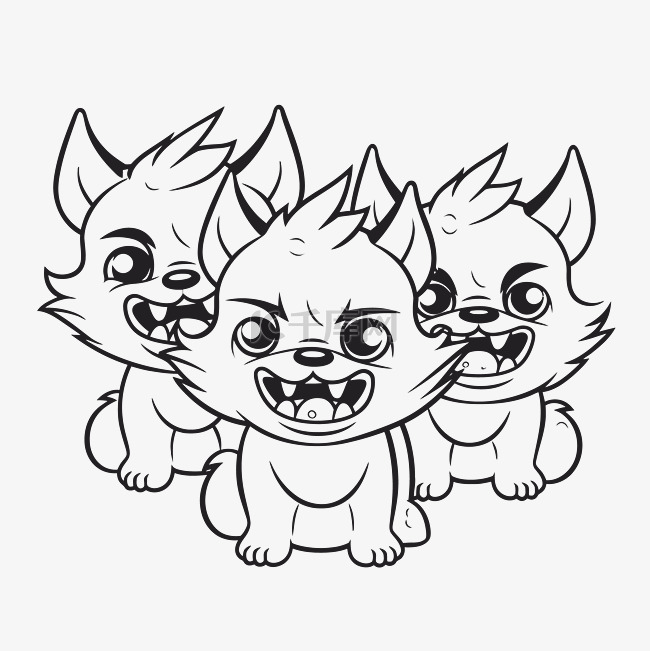 三只疯狂的卡通狗着色页轮廓素描