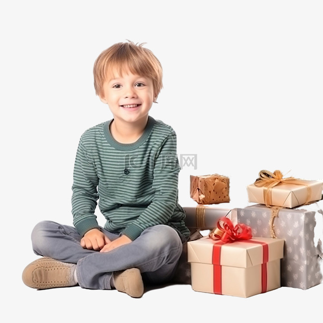 可爱的小男孩坐在圣诞树下，手里