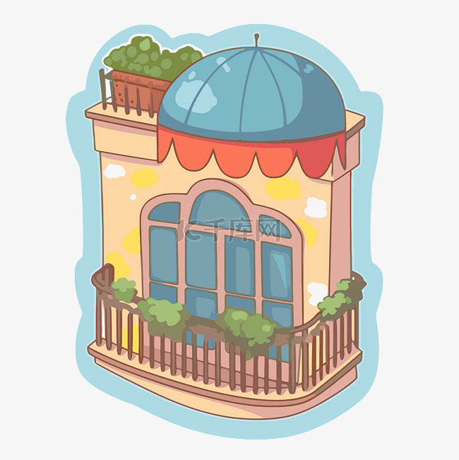 带阳台和盆栽的卡通房子 向量
