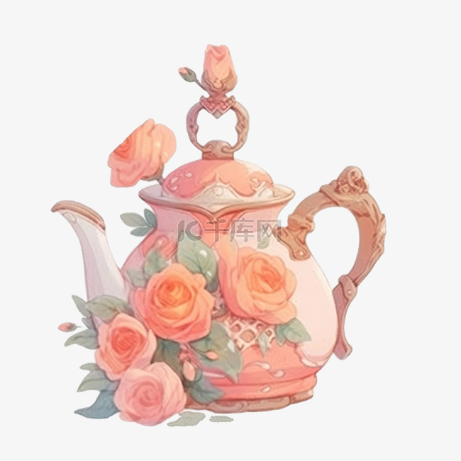 水彩橙桃花玫瑰配茶壶容器元素