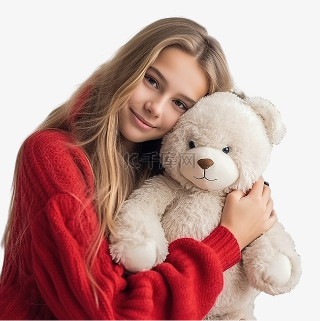 少女引用红色毛衣拥抱白色泰迪熊