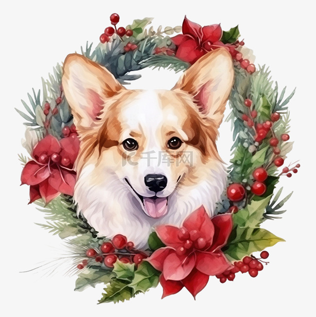 圣诞花环装饰和柯基犬手绘