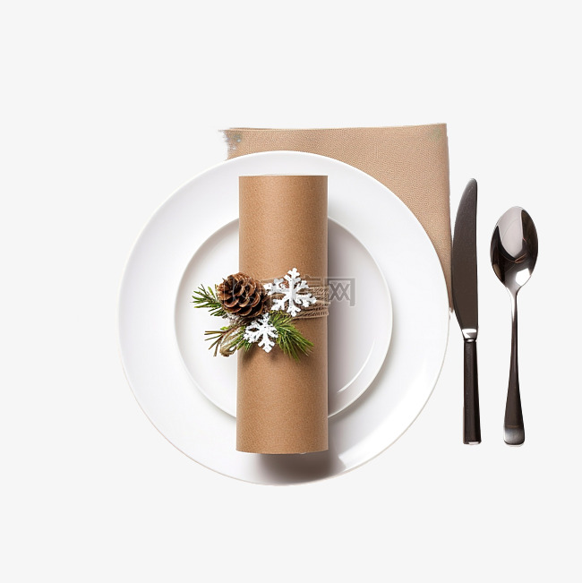 圣诞餐桌布置餐具和用卫生纸卷制