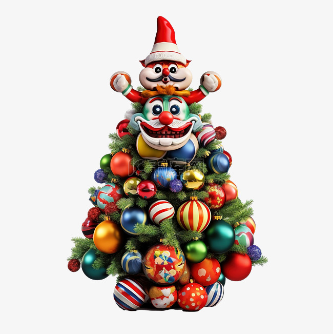 用球和小丑雕像装饰的圣诞树