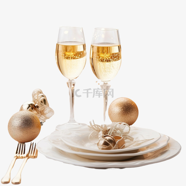 圣诞节美丽的餐桌布置，配有香槟