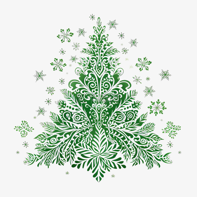 带雪花和手绘圣诞树的绿色圣诞贺