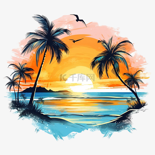 日落在海滩夏天风景棕榈树