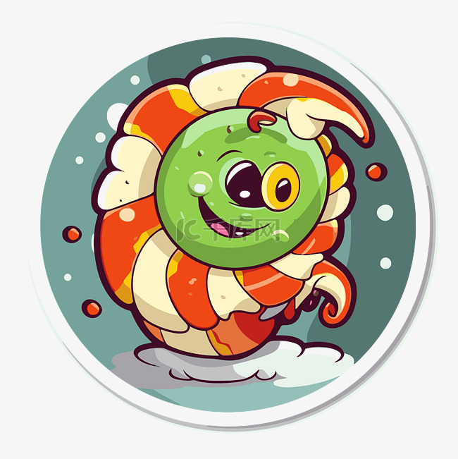 圆形背景上圆眼睛的绿色卡通蠕虫