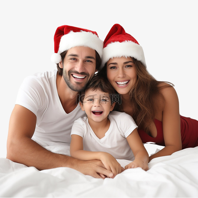 幸福的家庭戴着圣诞老人的帽子躺