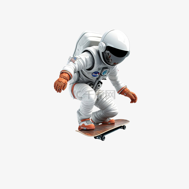 3d 宇航员穿着宇航服，像滑板