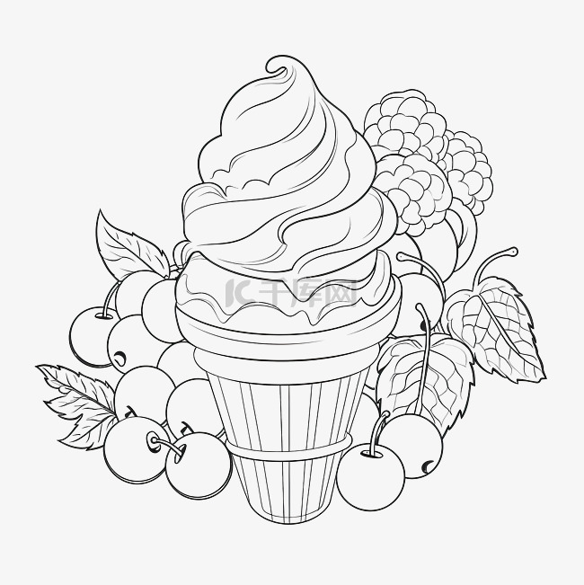 冰淇淋和水果着色页矢量轮廓抽象