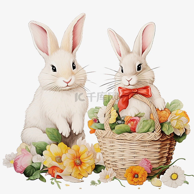 小兔子和装饰着彩绘鸡蛋和鲜花的