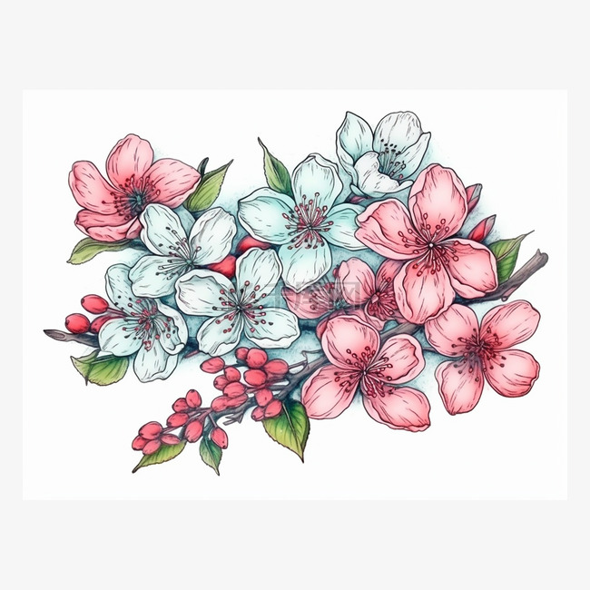 樱桃树枝和开花的彩色图画