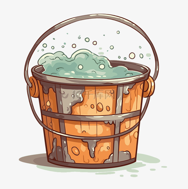 卡通插图中装有肥皂水液体的桶剪