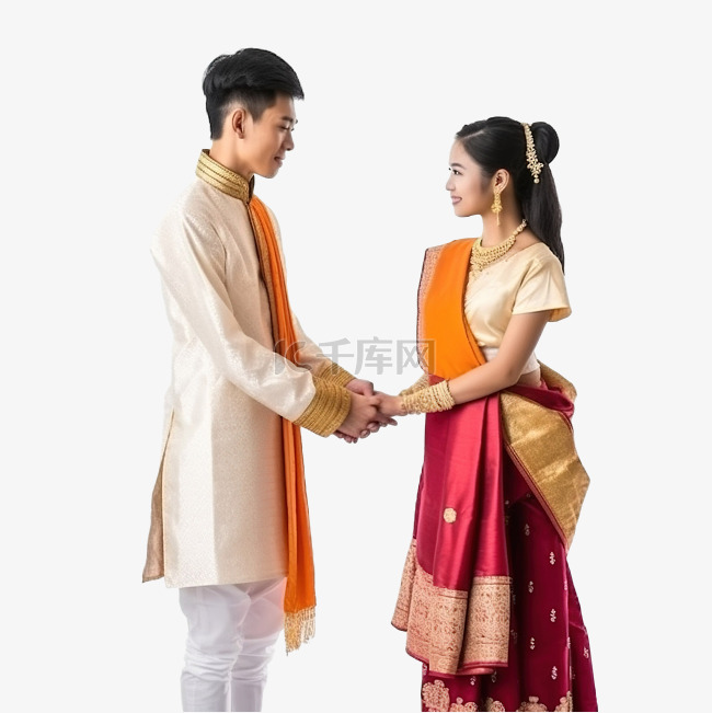 泰国新婚夫妇穿着传统服饰迎接萨