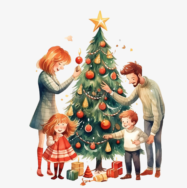 幸福的家庭一起装饰室内的圣诞树