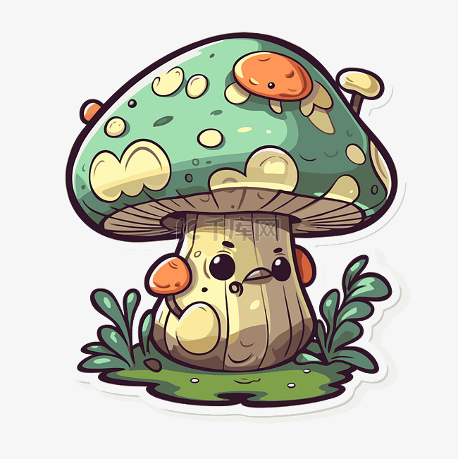 可爱的卡通蘑菇坐在草地上作为贴