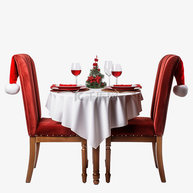 节日装饰的圣诞餐桌，椅子上挂着