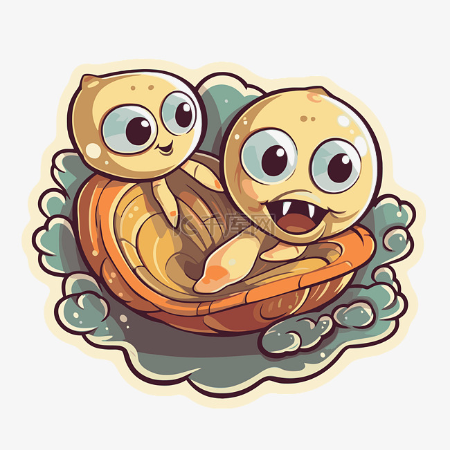 两只有趣的卡通小海龟坐在贝壳里