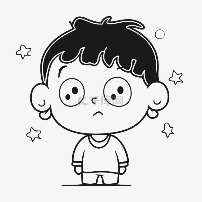 一个孩子在星星前的黑白卡通形象