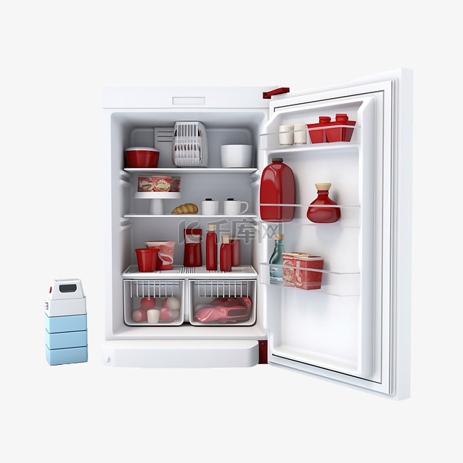 厨房套装中的 3d 插图冰箱