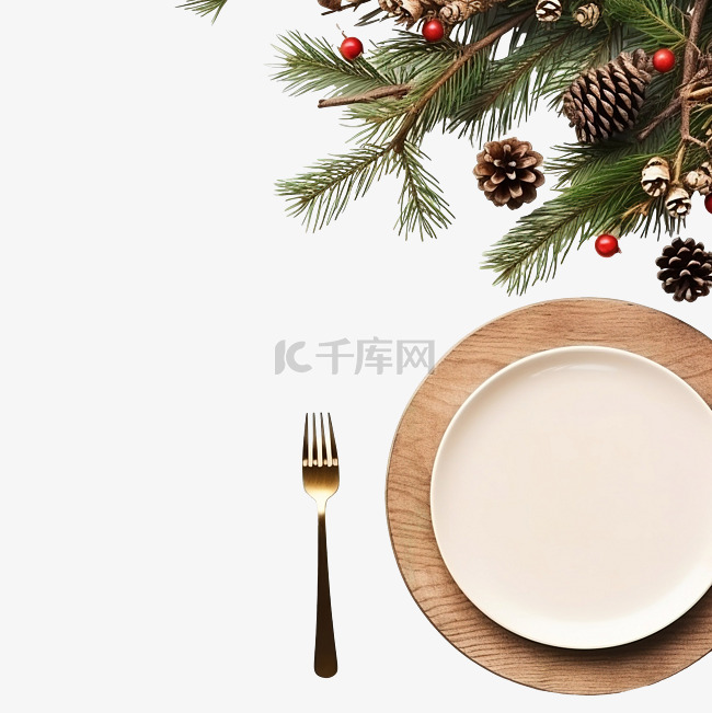 正宗的圣诞餐桌设置银器杉树顶视