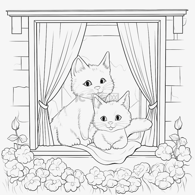 猫家族坐在窗台上，从窗户可以看
