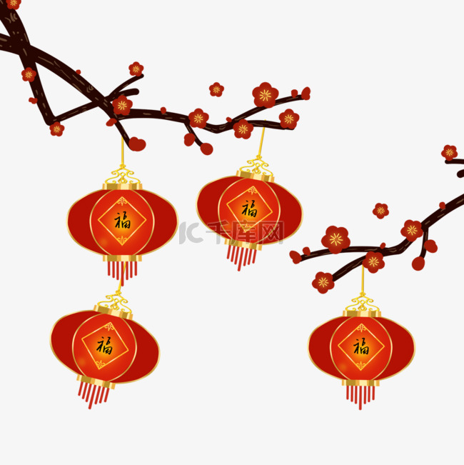 春节中国新年卡通梅花树悬挂灯笼