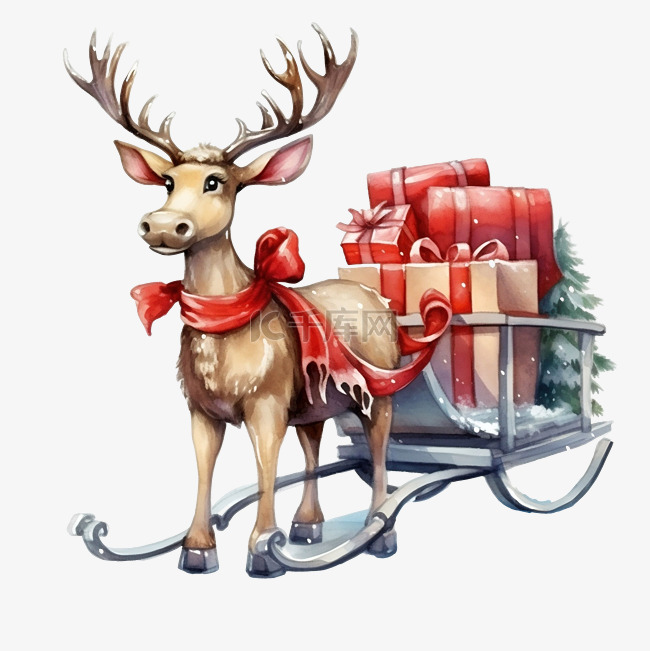 卡通驯鹿与圣诞雪橇雪橇和礼物