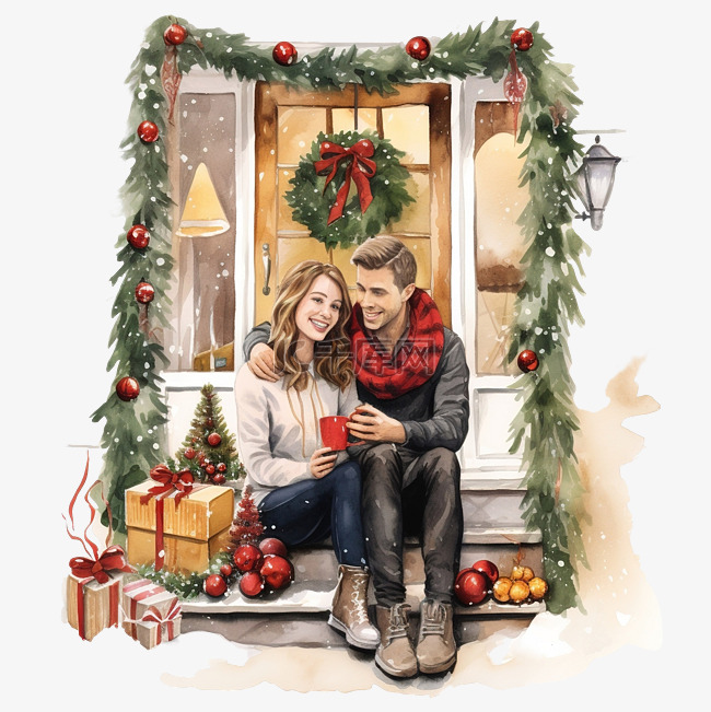 快乐的年轻夫妇坐在为圣诞节装饰