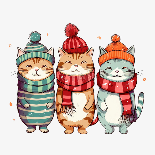 圣诞快乐手绘卡通可爱猫咪和彩色