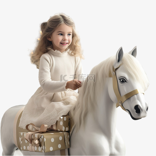 女孩在家里骑玩具马，靠近圣诞树