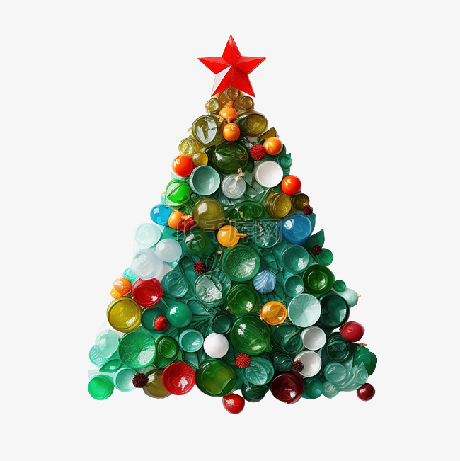 用回收塑料瓶制成的圣诞树，上面