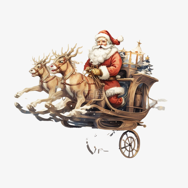 圣诞老人乘坐雪橇与鹿一起飞行