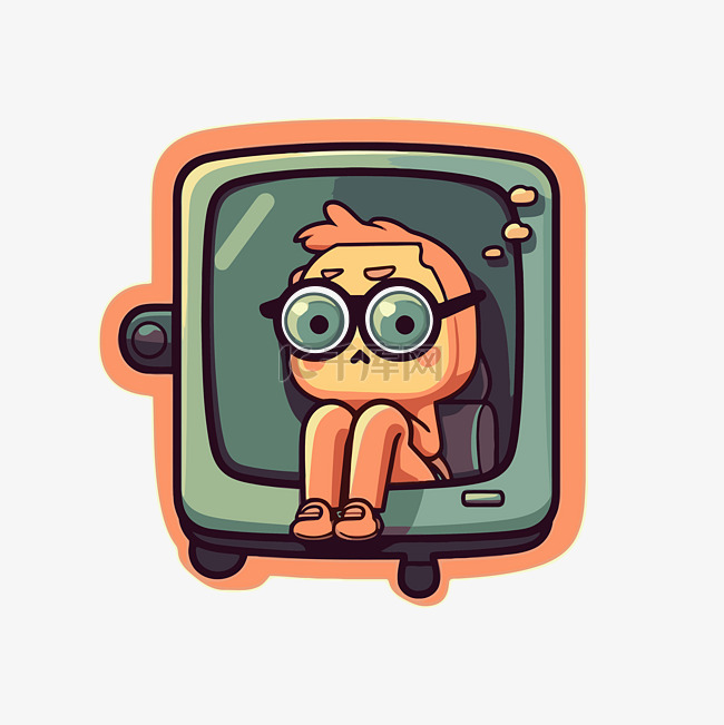 卡通戴眼镜的男人坐在电视机里 