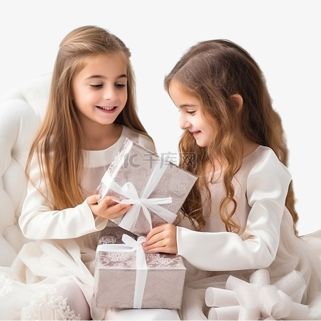 美丽的姐妹在圣诞树附近包装和装