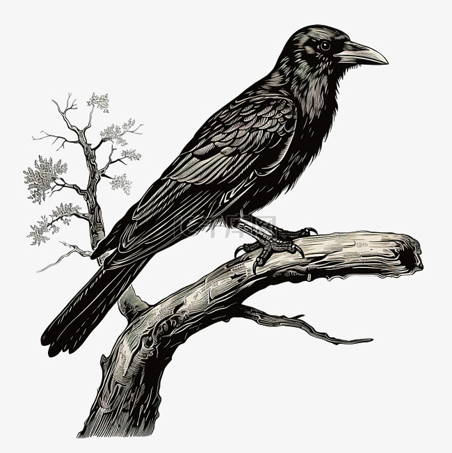 乌鸦栖息在树枝上复古