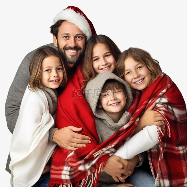 幸福的四口之家戴着圣诞帽享受圣