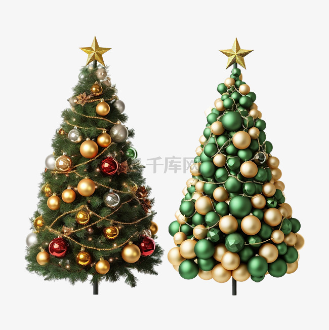 圣诞树用球珠花环装饰前后准备庆