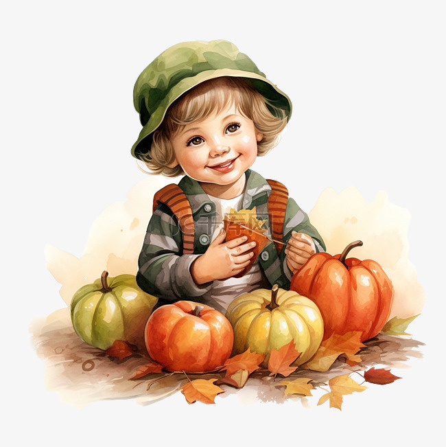 感恩节快乐小男孩用南瓜苹果和梨