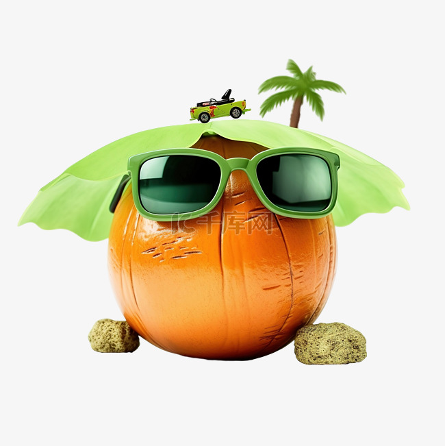 绿色椰子在海滩上戴着太阳镜，呈