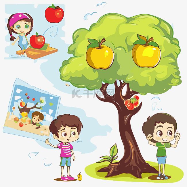 剪贴画苹果树与幼儿与卡通图像 