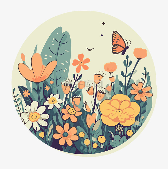 花园与花朵和蝴蝶剪贴画的圆形插