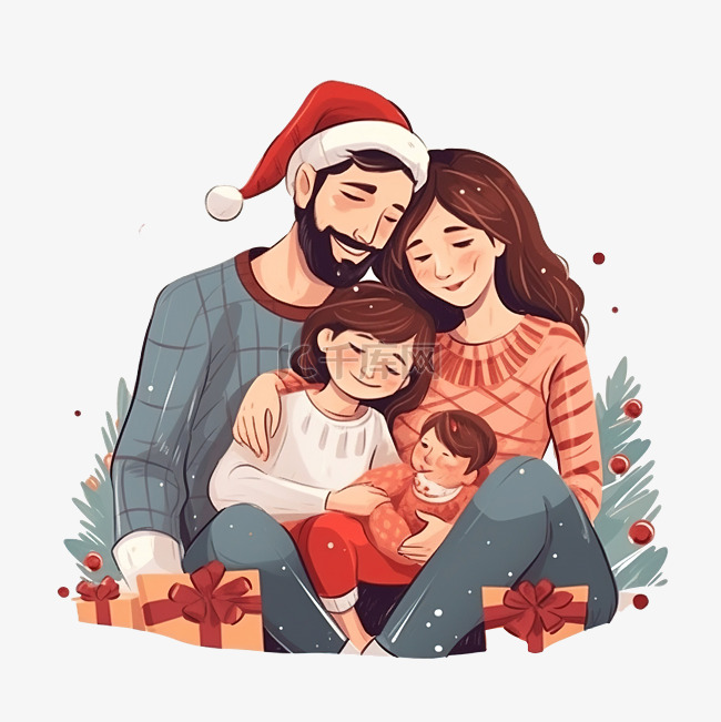 年轻的家庭躺在圣诞树旁，一起庆