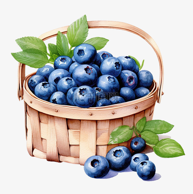 篮子剪纸中的水彩蓝莓