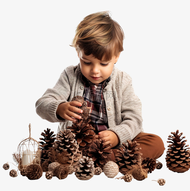小男孩在圣诞树附近玩松果