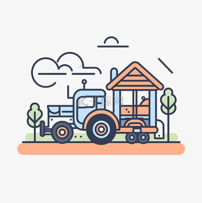 农场线条艺术插图中的房子和拖拉