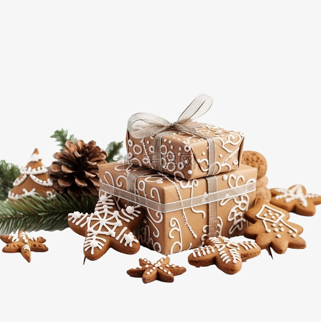 木桌上有姜饼和礼物的圣诞组合物