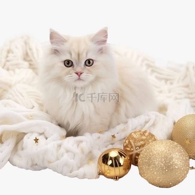 漂亮的毛茸茸的白猫躺在针织毯上