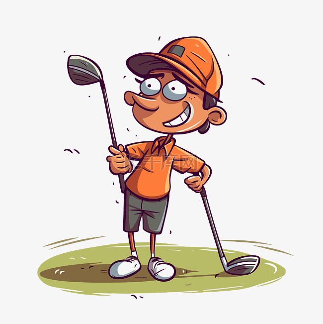 打高尔夫球的橙色男孩的卡通形象